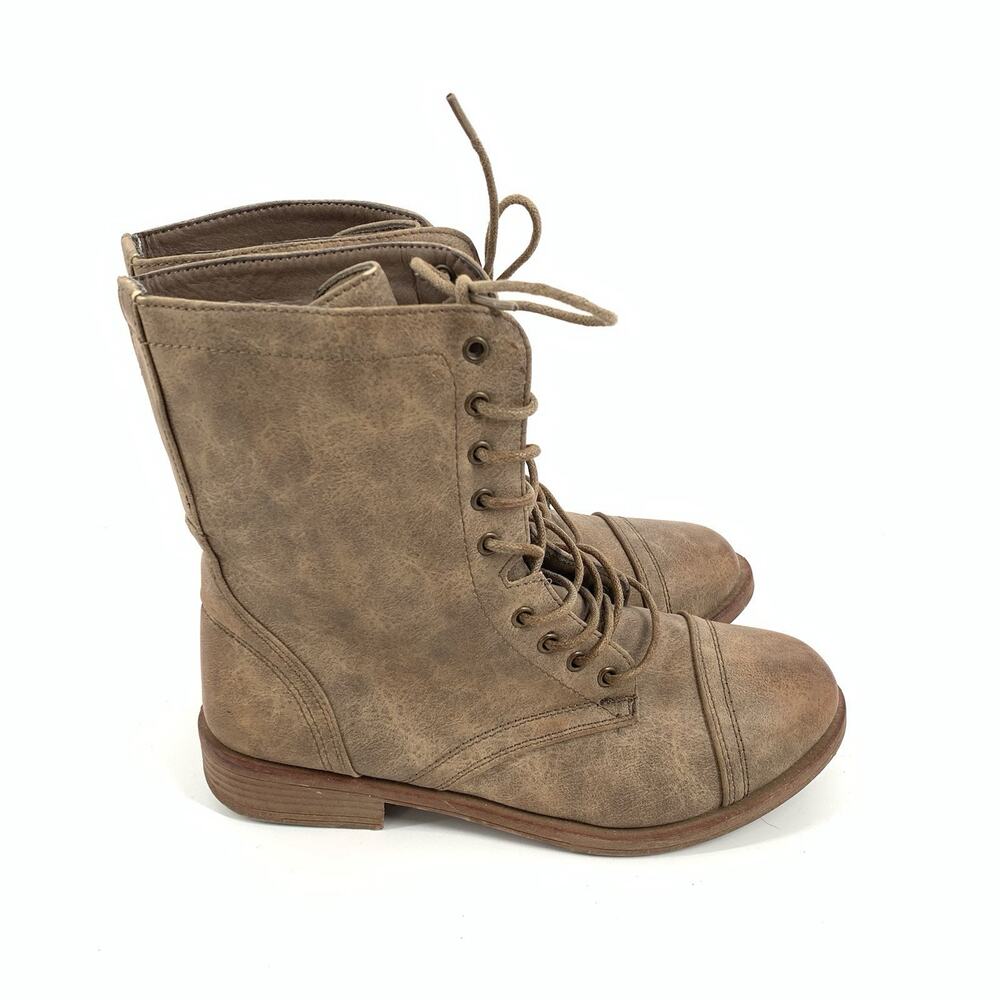 Etc! Faux Leather Lace Up Combat Boots Large 8/9 Womens Distressed Light Brown